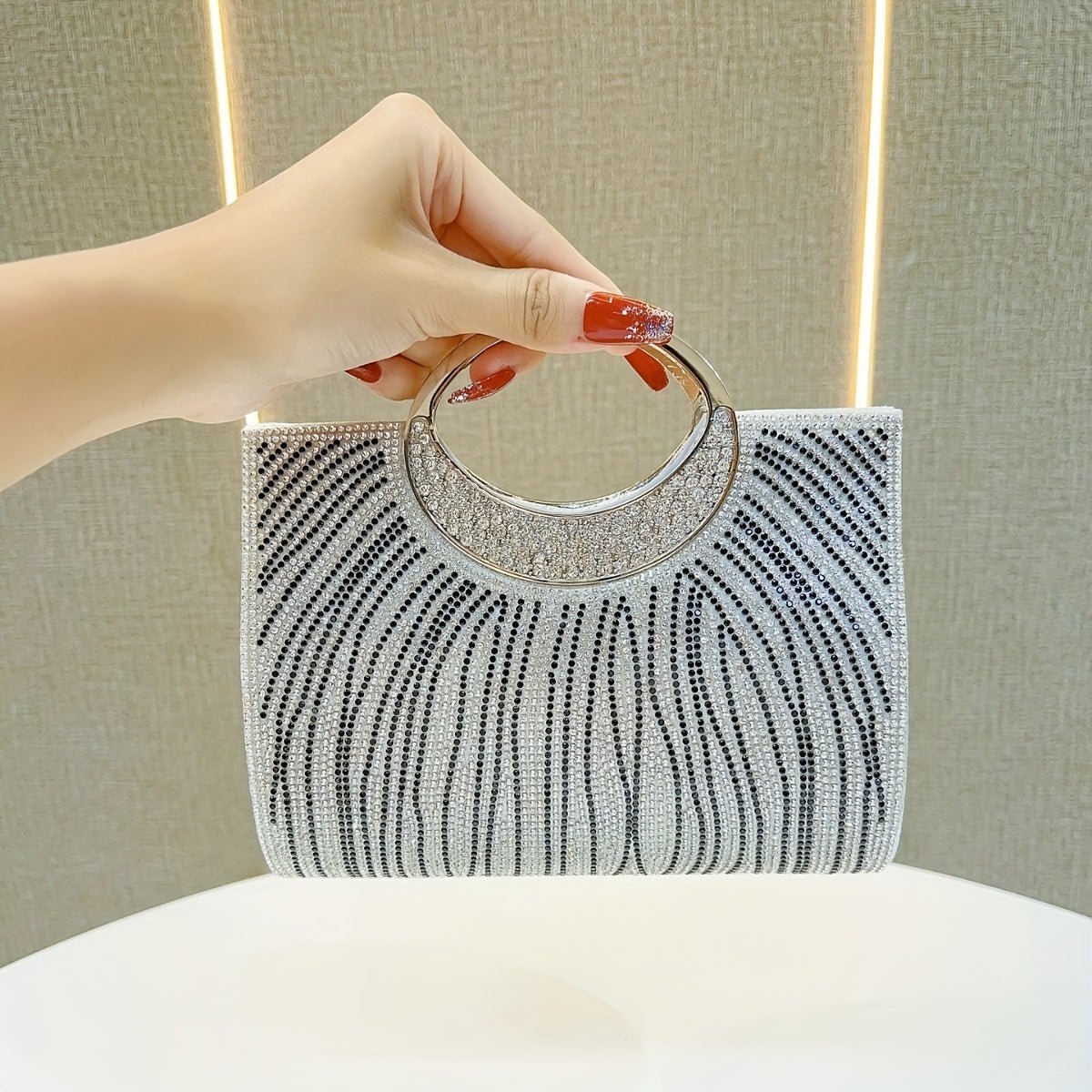 NecklaceDRW'S170164pcs Set Of New Fashionable Ladies' Dinner Bag, Shiny Rhinestone Striped Handbag, Wedding Bridesmaid Bag, Evening Bag, Dress Bag, Shoulder Bag, Wedding Season Sparkling Water Brick Necklace, Earrings And Bracelet