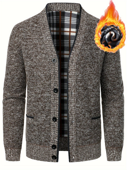 Men'S V-neck Casual Knit Cardigan | Fall/Winter, Thickened with Fleece, Solid Color, Long Sleeve, Fabric, Details