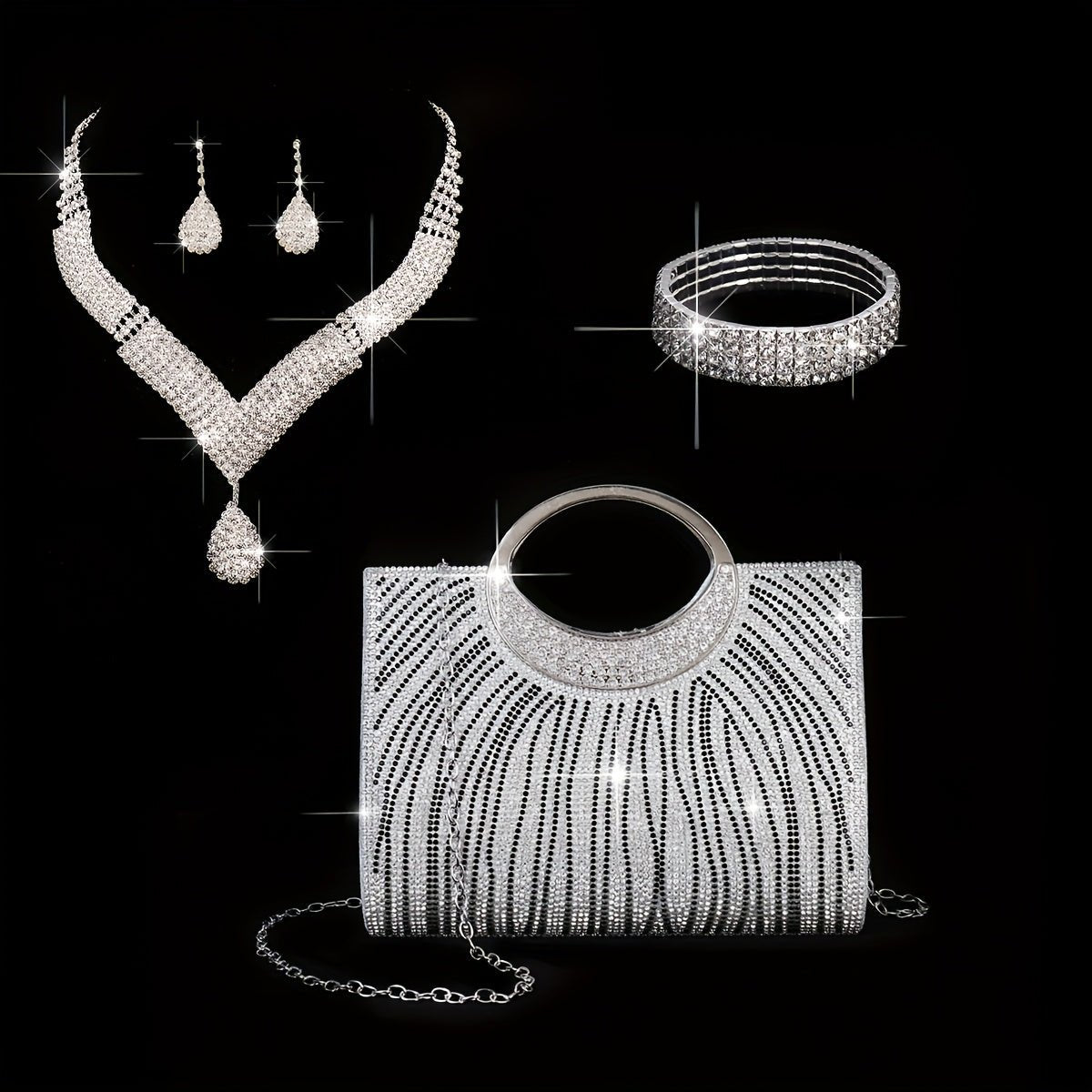 NecklaceDRW'S170164pcs Set Of New Fashionable Ladies' Dinner Bag, Shiny Rhinestone Striped Handbag, Wedding Bridesmaid Bag, Evening Bag, Dress Bag, Shoulder Bag, Wedding Season Sparkling Water Brick Necklace, Earrings And Bracelet