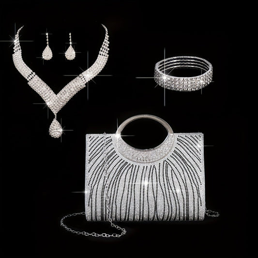 NecklaceDRW'S170164pcs Set Of New Fashionable Ladies' Dinner Bag, Shiny Rhinestone Striped Handbag, Wedding Bridesmaid Bag, Evening Bag, Dress Bag, Shoulder Bag, Wedding Season Sparkling Water Brick Necklace, Earrings And Bracelet