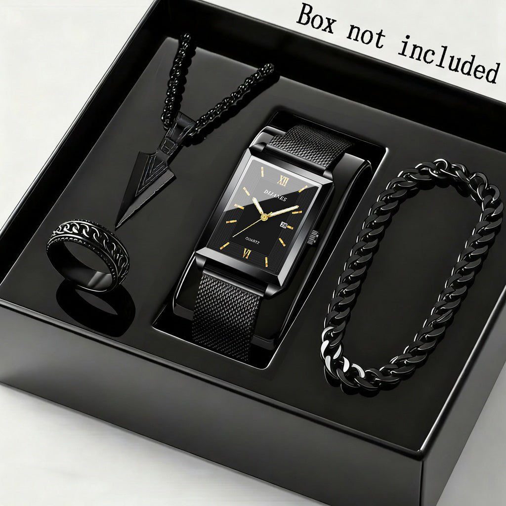 mens jewelryDRW'S2496584764pcs/Set Fashion Men'S Quartz Watch & Necklace Bracelet Set | Men'S Necklaces Ring, Men'S Bracelets Business Watch | Elegant Watch For Men, Zinc Alloy Case, Stainless Steel Strap, Non - Rechargeable Button Battery