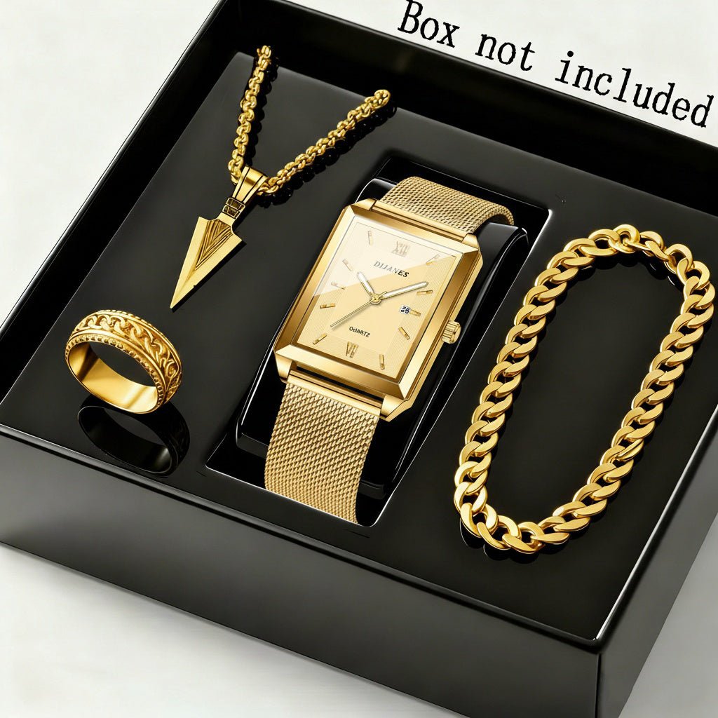mens jewelryDRW'S2496565394pcs/Set Fashion Men'S Quartz Watch & Necklace Bracelet Set | Men'S Necklaces Ring, Men'S Bracelets Business Watch | Elegant Watch For Men, Zinc Alloy Case, Stainless Steel Strap, Non - Rechargeable Button Battery