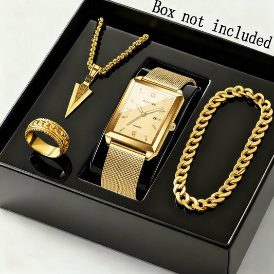 mens jewelryDRW'S2496565394pcs/Set Fashion Men'S Quartz Watch & Necklace Bracelet Set | Men'S Necklaces Ring, Men'S Bracelets Business Watch | Elegant Watch For Men, Zinc Alloy Case, Stainless Steel Strap, Non - Rechargeable Button Battery