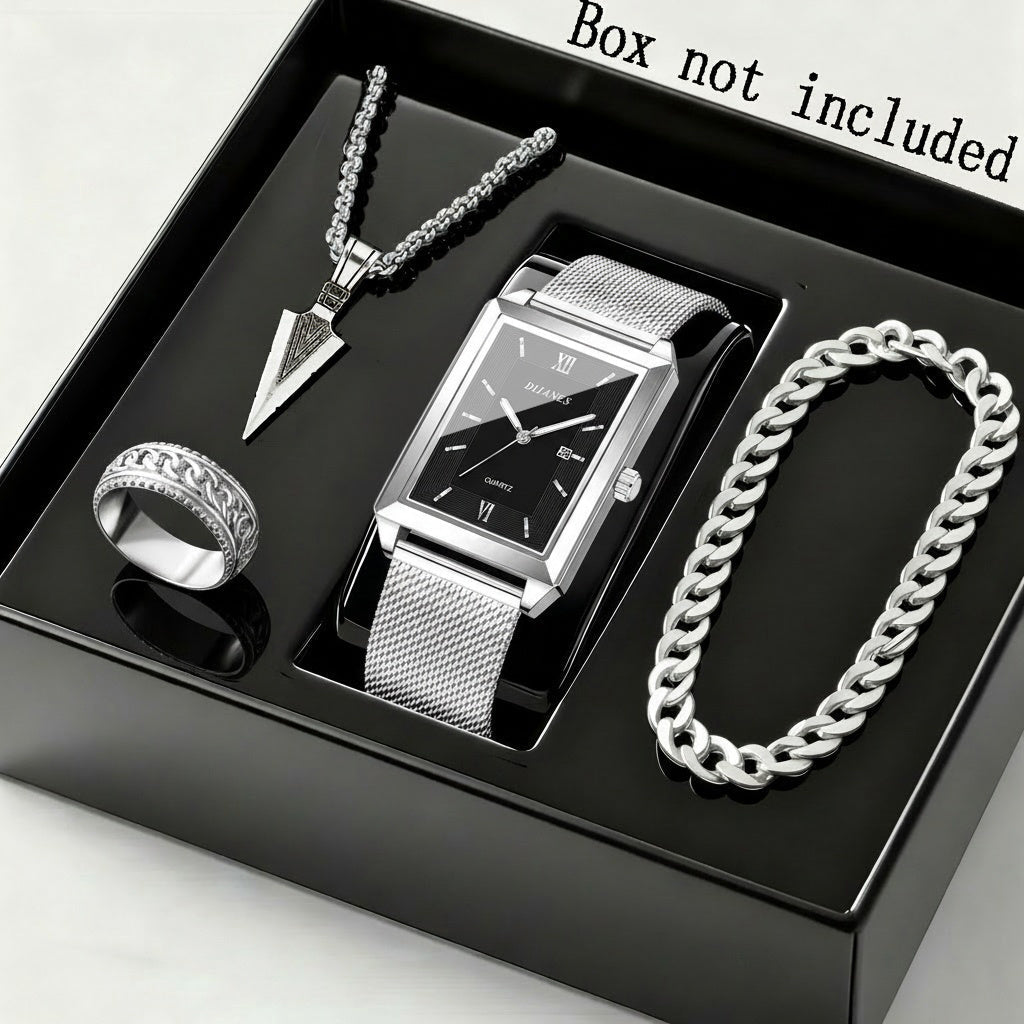 mens jewelryDRW'S2496507664pcs/Set Fashion Men'S Quartz Watch & Necklace Bracelet Set | Men'S Necklaces Ring, Men'S Bracelets Business Watch | Elegant Watch For Men, Zinc Alloy Case, Stainless Steel Strap, Non - Rechargeable Button Battery