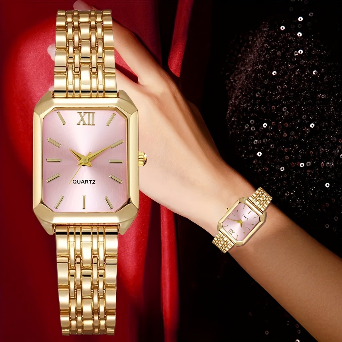 womens jewelryDRW'S1048765pcs Elegant Women's Fashion Quartz Square Watch + New Square Shiny Necklace, Ring, Earrings Jewelry Set, Birthday, Christmas, New Year, Gift for Friends, Suitable for Daily Wear.