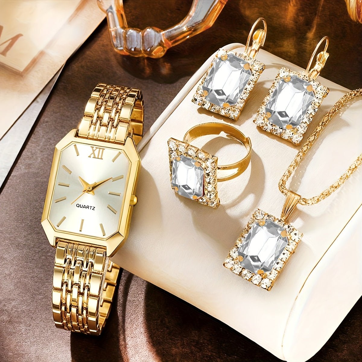 womens jewelryDRW'S236425pcs Elegant Women's Fashion Quartz Square Watch + New Square Shiny Necklace, Ring, Earrings Jewelry Set, Birthday, Christmas, New Year, Gift for Friends, Suitable for Daily Wear.