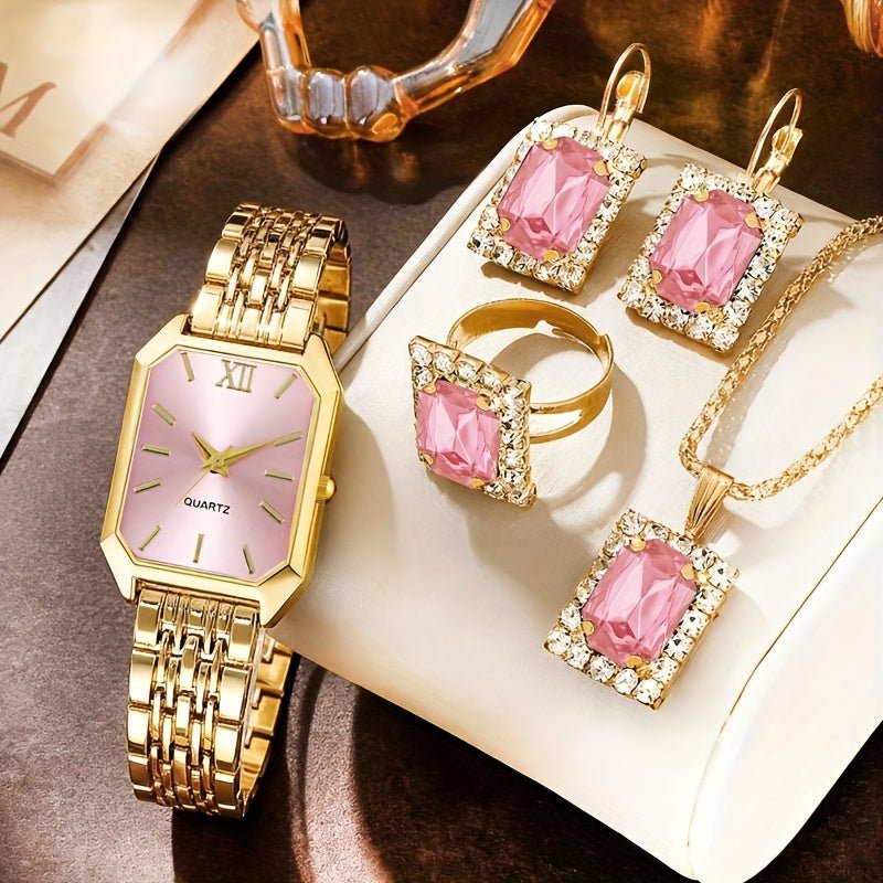 womens jewelryDRW'S1048765pcs Elegant Women's Fashion Quartz Square Watch + New Square Shiny Necklace, Ring, Earrings Jewelry Set, Birthday, Christmas, New Year, Gift for Friends, Suitable for Daily Wear.