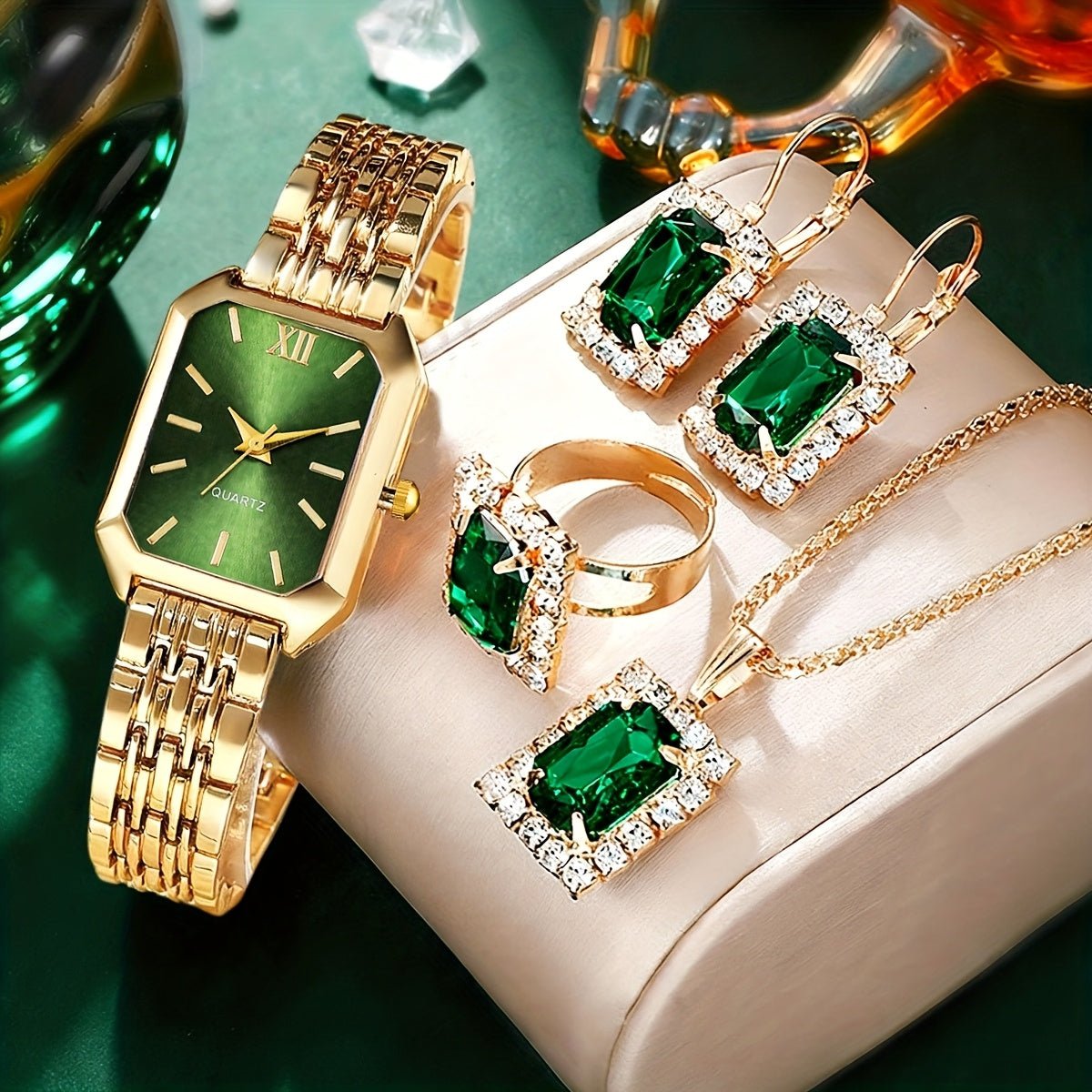 womens jewelryDRW'S705505pcs Elegant Women's Fashion Quartz Square Watch + New Square Shiny Necklace, Ring, Earrings Jewelry Set, Birthday, Christmas, New Year, Gift for Friends, Suitable for Daily Wear.