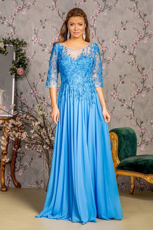 MobDRW'SGL3445GL3445Bead Embroidery Sheer Neckline V - back Chiffon A - line Long Dress