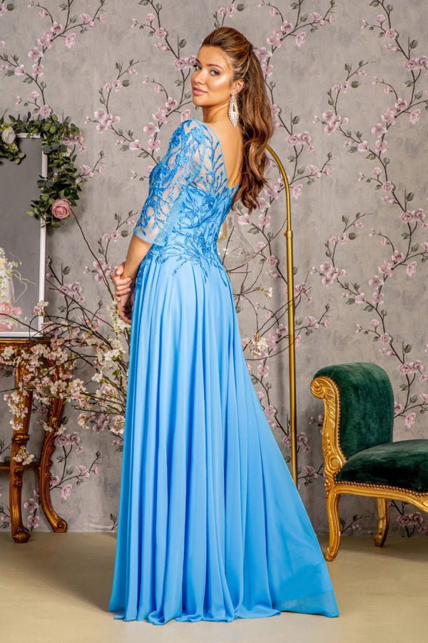 MobDRW'SGL3445GL3445Bead Embroidery Sheer Neckline V - back Chiffon A - line Long Dress