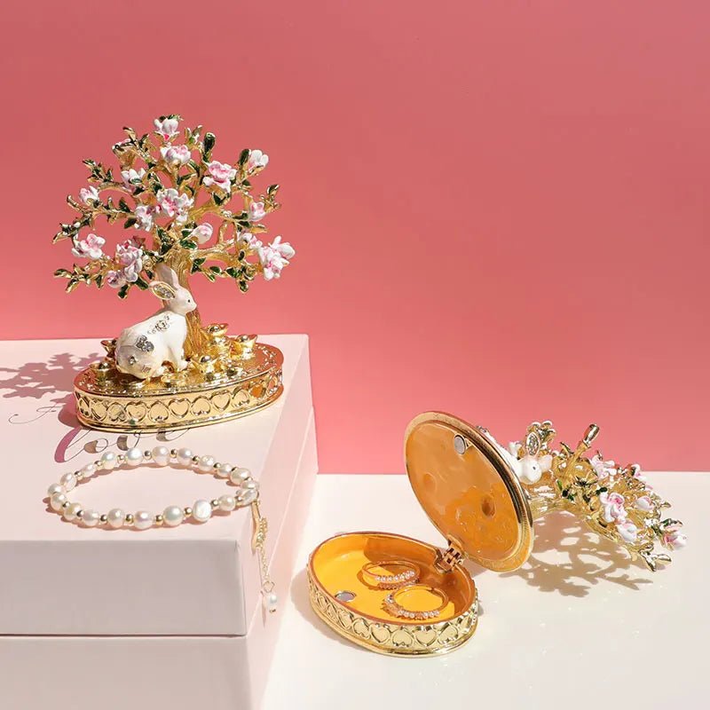 DRW'S14:1052yaoqianshuCherry Blossom Tree Crystal Hinged Jewelry Box Little White Rabbit Necklace Earrings Nail Ring Box