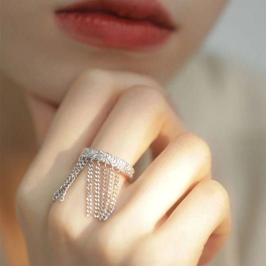 DRW'S200000783:2901 goldJWER Popular Silver Color Tassel Rings with Chain Texture Rings for Women Men Punk Charm Ring Jewelry Accessories Gifts