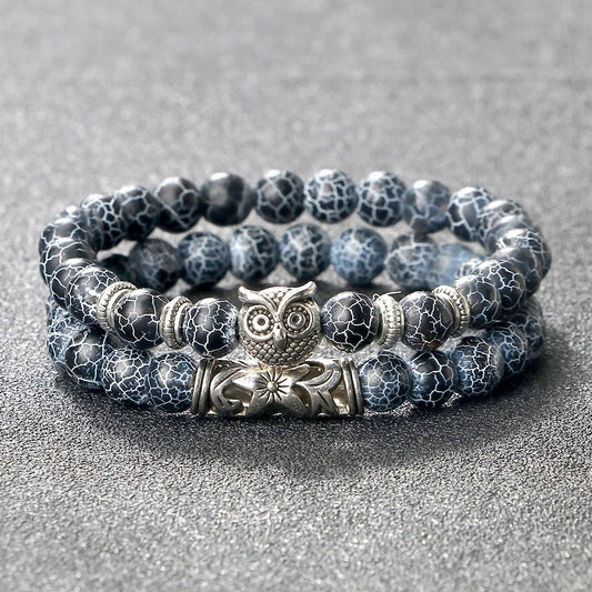 DRW'S200000639:201452416;200001034:361181BlueTrendy Owl Bracelet Set Natural Black Lava Tiger Eye Weathered Stone Beaded Bangles Women Men Handmade Wristband Jewelry Pulsera