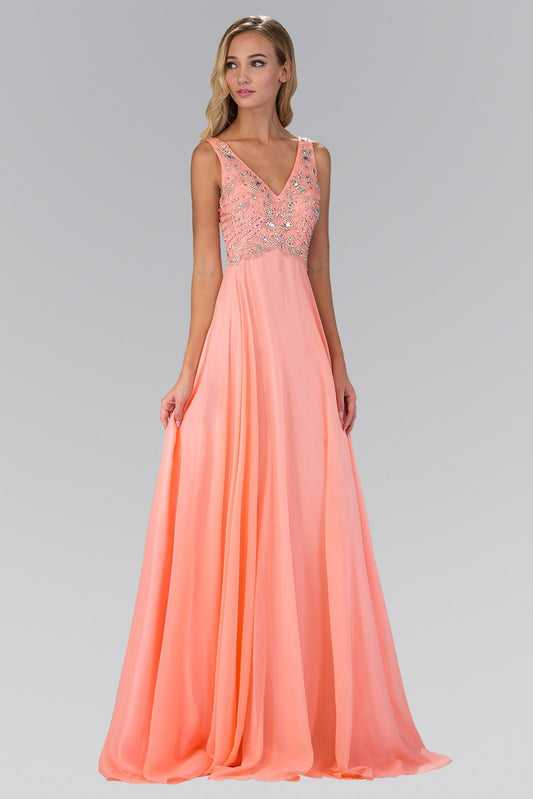 NightgownDRW'SGL2115GL2115V Neck and Back Chiffon Floor Length Dress with Jewel and Sequin Bodice