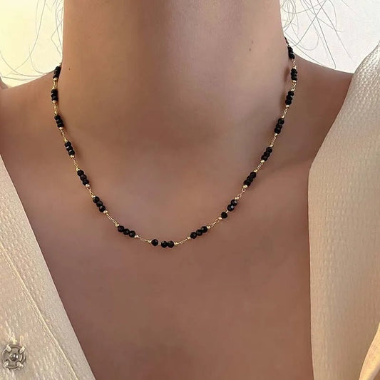 DRW'S200001033:504Gold-01Vintage Black Crystal Glass Bead Chain Choker Necklace For Women Fashion Simple Metal Link Handmade Necklace Jewelry Party Gift